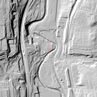 Shaded relief map of the ground around OL59HP, computed from Environment Agency LiDAR. The ground here sits at about 135 m above sea level and falls 80 m across the surrounding 800 m. Surface water reaching this point runs off ground lying to the south-east, 1.0 m higher.
