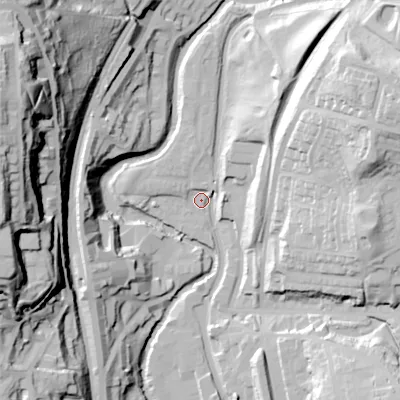 Shaded relief map of the ground around OL59HR, computed from Environment Agency LiDAR. The ground here sits at about 134 m above sea level and falls 76 m across the surrounding 800 m. Surface water reaching this point runs off ground lying to the north-east, 24.7 m higher.