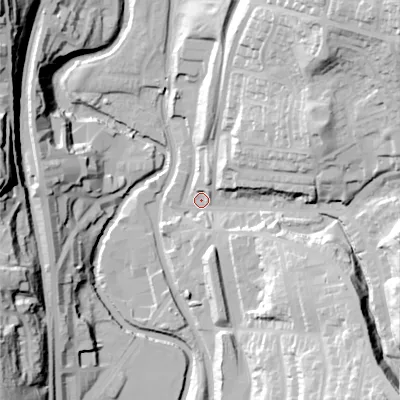 Shaded relief map of the ground around OL59HT, computed from Environment Agency LiDAR. The ground here sits at about 135 m above sea level and falls 55 m across the surrounding 800 m. Surface water reaching this point runs off ground lying to the north-east, 42.2 m higher.