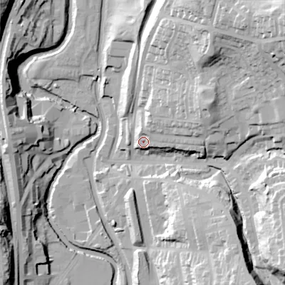 Shaded relief map of the ground around OL59HU, computed from Environment Agency LiDAR. The ground here sits at about 144 m above sea level and falls 57 m across the surrounding 800 m. Surface water reaching this point runs off ground lying to the east-north-east, 25.6 m higher.