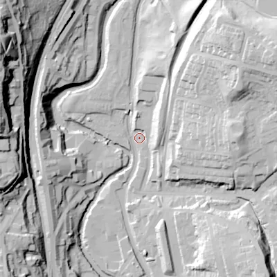 Shaded relief map of the ground around OL59HW, computed from Environment Agency LiDAR. The ground here sits at about 134 m above sea level and falls 72 m across the surrounding 800 m. Surface water reaching this point runs off ground lying to the north-north-east, 15.4 m higher.