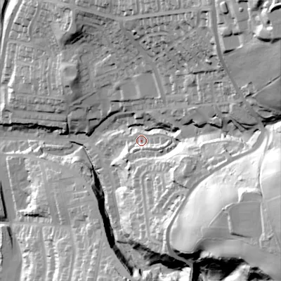 Shaded relief map of the ground around OL59JD, computed from Environment Agency LiDAR. The ground here sits at about 161 m above sea level and falls 91 m across the surrounding 800 m. Surface water reaching this point runs off ground lying to the east-south-east, 27.8 m higher.