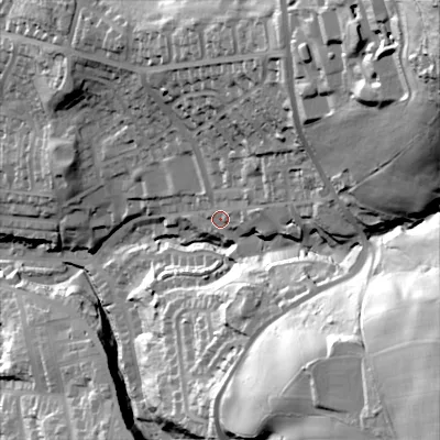 Shaded relief map of the ground around OL59JJ, computed from Environment Agency LiDAR. The ground here sits at about 168 m above sea level and falls 114 m across the surrounding 800 m. Surface water reaching this point runs off ground lying to the north-east, 25.4 m higher.