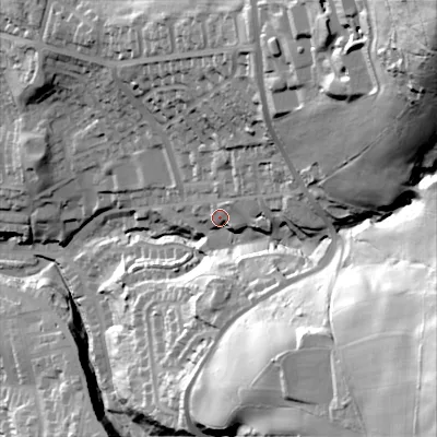 Shaded relief map of the ground around OL59JL, computed from Environment Agency LiDAR. The ground here sits at about 173 m above sea level and falls 121 m across the surrounding 800 m. Surface water reaching this point runs off ground lying to the east-north-east, 15.2 m higher.