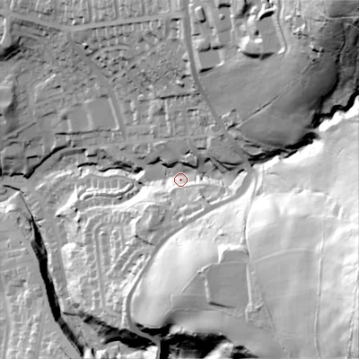 Shaded relief map of the ground around OL59JZ, computed from Environment Agency LiDAR. The ground here sits at about 173 m above sea level and falls 120 m across the surrounding 800 m. Surface water reaching this point runs off ground lying to the north-east, 94.5 m higher.