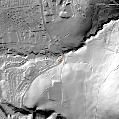 Shaded relief map of the ground around OL59LD, computed from Environment Agency LiDAR. The ground here sits at about 186 m above sea level and falls 178 m across the surrounding 800 m. Surface water reaching this point runs off ground lying to the east-south-east, 142.6 m higher.