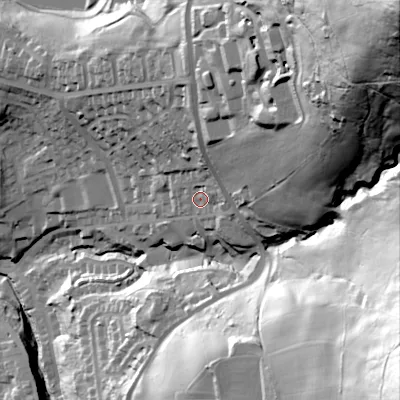 Shaded relief map of the ground around OL59LH, computed from Environment Agency LiDAR. The ground here sits at about 184 m above sea level and falls 159 m across the surrounding 800 m. Surface water reaching this point runs off ground lying to the east-north-east, 8.4 m higher.