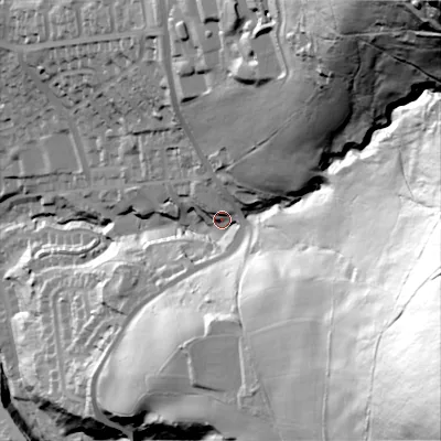 Shaded relief map of the ground around OL59LL, computed from Environment Agency LiDAR. The ground here sits at about 184 m above sea level and falls 171 m across the surrounding 800 m. Surface water reaching this point runs off ground lying to the east-south-east, 134.6 m higher.