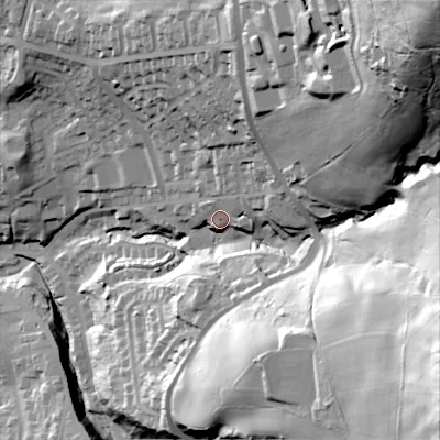 Shaded relief map of the ground around OL59LR, computed from Environment Agency LiDAR. The ground here sits at about 176 m above sea level and falls 126 m across the surrounding 800 m. Surface water reaching this point runs off ground lying to the east-north-east, 19.1 m higher.