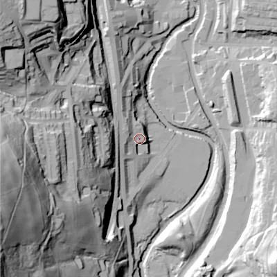 Shaded relief map of the ground around OL59LY, computed from Environment Agency LiDAR. The ground here sits at about 141 m above sea level and falls 101 m across the surrounding 800 m. Surface water reaching this point runs off ground lying to the west-north-west, 9.1 m higher.