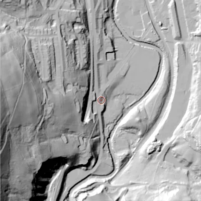 Shaded relief map of the ground around OL59NA, computed from Environment Agency LiDAR. The ground here sits at about 139 m above sea level and falls 117 m across the surrounding 800 m. Surface water reaching this point runs off ground lying to the west, 97.2 m higher.