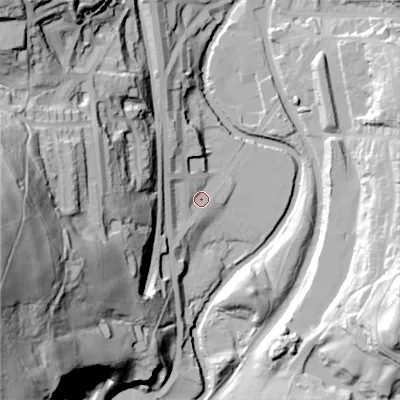 Shaded relief map of the ground around OL59NB, computed from Environment Agency LiDAR. The ground here sits at about 136 m above sea level and falls 96 m across the surrounding 800 m. Surface water reaching this point runs off ground lying to the west-south-west, 88.4 m higher.