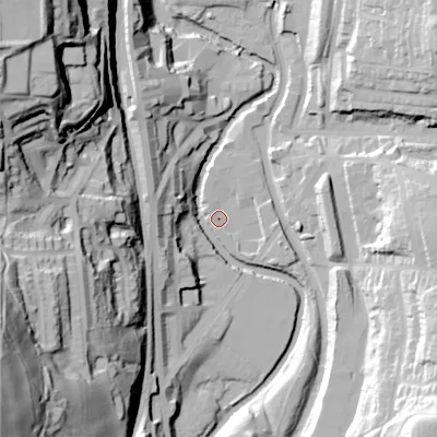 Shaded relief map of the ground around OL59NE, computed from Environment Agency LiDAR. The ground here sits at about 132 m above sea level and falls 84 m across the surrounding 800 m. Surface water reaching this point runs off ground lying to the west, 1.2 m higher.
