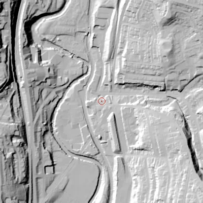 Shaded relief map of the ground around OL59NH, computed from Environment Agency LiDAR. The ground here sits at about 136 m above sea level and falls 61 m across the surrounding 800 m. Surface water reaching this point runs off ground lying to the north-east, 43.6 m higher.