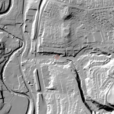 Shaded relief map of the ground around OL59NL, computed from Environment Agency LiDAR. The ground here sits at about 143 m above sea level and falls 66 m across the surrounding 800 m. Surface water reaching this point runs off ground lying to the north-east, 52.4 m higher.