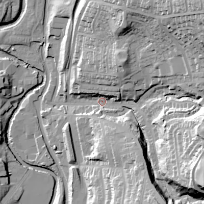 Shaded relief map of the ground around OL59NN, computed from Environment Agency LiDAR. The ground here sits at about 142 m above sea level and falls 66 m across the surrounding 800 m. Surface water reaching this point runs off ground lying to the north-east, 51.8 m higher.