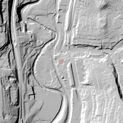 Shaded relief map of the ground around OL59NQ, computed from Environment Agency LiDAR. The ground here sits at about 137 m above sea level and falls 64 m across the surrounding 800 m. Surface water reaching this point runs off ground lying to the east, 2.9 m higher.