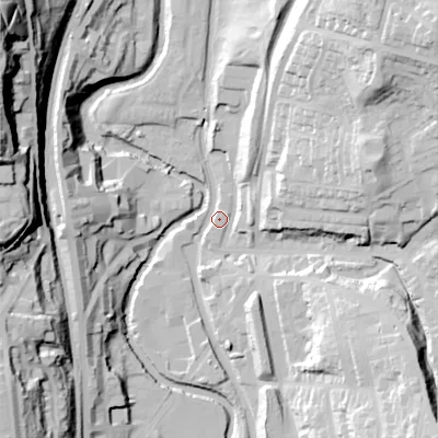 Shaded relief map of the ground around OL59NS, computed from Environment Agency LiDAR. The ground here sits at about 135 m above sea level and falls 72 m across the surrounding 800 m. Surface water reaching this point runs off ground lying to the north-east, 45.3 m higher.