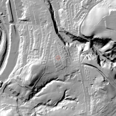 Shaded relief map of the ground around OL59PH, computed from Environment Agency LiDAR. The ground here sits at about 179 m above sea level and falls 87 m across the surrounding 800 m. Surface water reaching this point runs off ground lying to the south-east, 4.7 m higher.