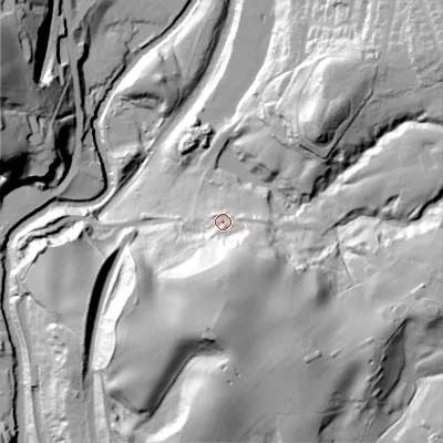 Shaded relief map of the ground around OL59PX, computed from Environment Agency LiDAR. The ground here sits at about 152 m above sea level and falls 61 m across the surrounding 800 m. Surface water reaching this point runs off ground lying to the south-south-east, 27.5 m higher.