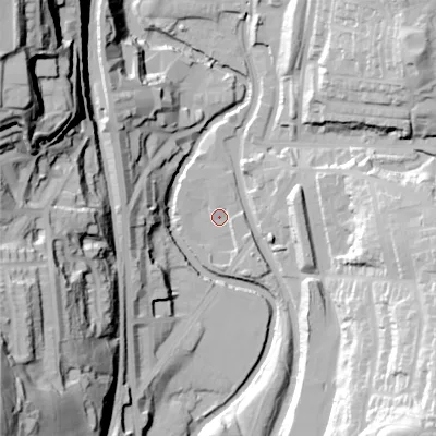Shaded relief map of the ground around OL59PY, computed from Environment Agency LiDAR. The ground here sits at about 132 m above sea level and falls 76 m across the surrounding 800 m. Surface water reaching this point runs off ground lying to the east-south-east, 2.7 m higher.