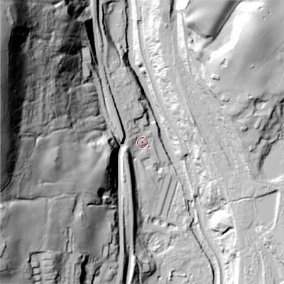 Shaded relief map of the ground around OL59QG, computed from Environment Agency LiDAR. The ground here sits at about 127 m above sea level and falls 122 m across the surrounding 800 m. Surface water reaching this point runs off ground lying to the west-north-west, 112.3 m higher.