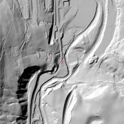 Shaded relief map of the ground around OL59QW, computed from Environment Agency LiDAR. The ground here sits at about 134 m above sea level and falls 114 m across the surrounding 800 m. Surface water reaching this point runs off ground lying to the west-north-west, 100.3 m higher.