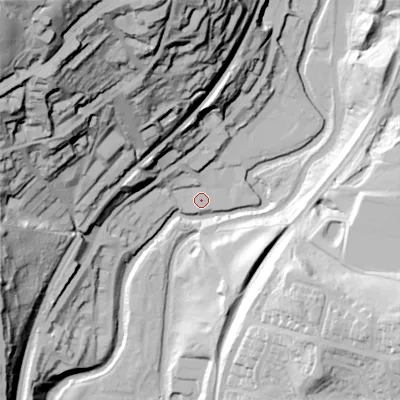 Shaded relief map of the ground around OL59RR, computed from Environment Agency LiDAR. The ground here sits at about 137 m above sea level and falls 102 m across the surrounding 800 m. Surface water reaching this point runs off ground lying to the north-west, 91.5 m higher.
