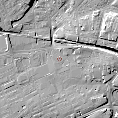 Shaded relief map of the ground around OL66DL, computed from Environment Agency LiDAR. The ground here sits at about 109 m above sea level and falls 25 m across the surrounding 800 m. The ground contributing surface water to this point lies to the south-east.