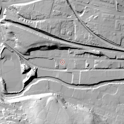 Shaded relief map of the ground around OL66UH, computed from Environment Agency LiDAR. The ground here sits at about 100 m above sea level and falls 40 m across the surrounding 800 m. Surface water reaching this point runs off ground lying to the east, 7.4 m higher.