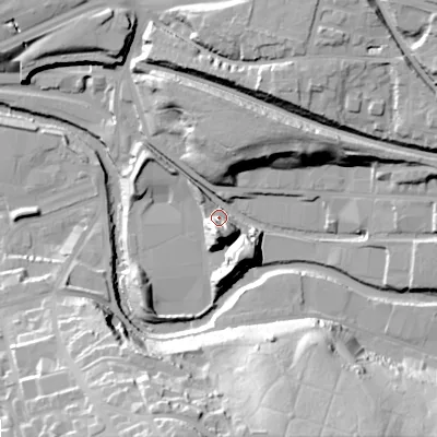 Shaded relief map of the ground around OL66UJ, computed from Environment Agency LiDAR. The ground here sits at about 102 m above sea level and falls 44 m across the surrounding 800 m. Surface water reaching this point runs off ground lying to the north-north-east, 18.6 m higher.