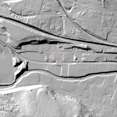 Shaded relief map of the ground around OL66UQ, computed from Environment Agency LiDAR. The ground here sits at about 101 m above sea level and falls 40 m across the surrounding 800 m. Surface water reaching this point runs off ground lying to the east, 6.4 m higher.