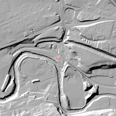 Shaded relief map of the ground around OL66UU, computed from Environment Agency LiDAR. The ground here sits at about 97 m above sea level and falls 33 m across the surrounding 800 m. Surface water reaching this point runs off ground lying to the east-north-east, 23.8 m higher.