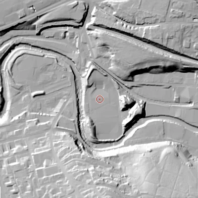Shaded relief map of the ground around OL66UX, computed from Environment Agency LiDAR. The ground here sits at about 99 m above sea level and falls 47 m across the surrounding 800 m. Surface water reaching this point runs off ground lying to the north-north-east, 5.3 m higher.