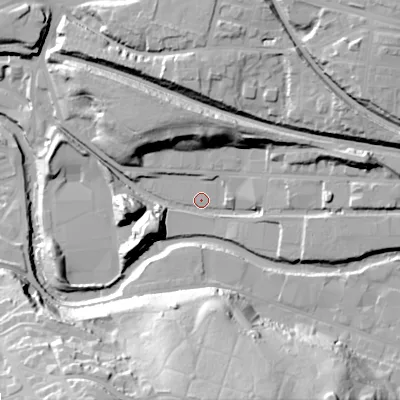 Shaded relief map of the ground around OL66UY, computed from Environment Agency LiDAR. The ground here sits at about 99 m above sea level and falls 45 m across the surrounding 800 m. Surface water reaching this point runs off ground lying to the north-north-west, 18.5 m higher.