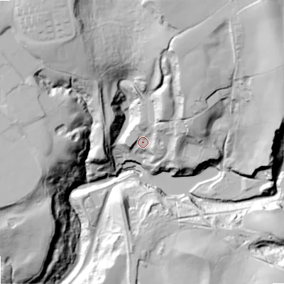 Shaded relief map of the ground around OL68AQ, computed from Environment Agency LiDAR. The ground here sits at about 135 m above sea level and falls 72 m across the surrounding 800 m. Surface water reaching this point runs off ground lying to the north-north-east, 39.2 m higher.