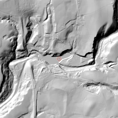 Shaded relief map of the ground around OL68AW, computed from Environment Agency LiDAR. The ground here sits at about 123 m above sea level and falls 73 m across the surrounding 800 m. Surface water reaching this point runs off ground lying to the north-east, 60.1 m higher.