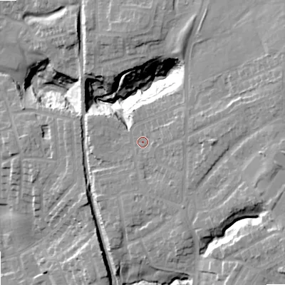 Shaded relief map of the ground around OL68TJ, computed from Environment Agency LiDAR. The ground here sits at about 129 m above sea level and falls 31 m across the surrounding 800 m. Surface water reaching this point runs off ground lying to the east, 1.7 m higher.