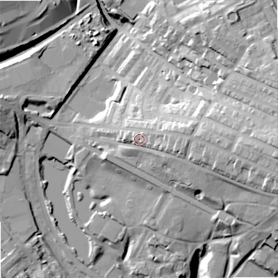 Shaded relief map of the ground around OL82AX, computed from Environment Agency LiDAR. The ground here sits at about 188 m above sea level and falls 39 m across the surrounding 800 m. Surface water reaching this point runs off ground lying to the east, 17.0 m higher.