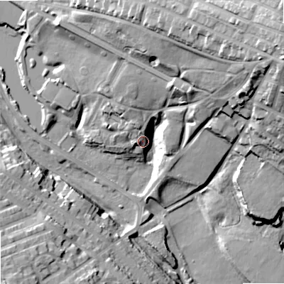 Shaded relief map of the ground around OL82BH, computed from Environment Agency LiDAR. The ground here sits at about 173 m above sea level and falls 45 m across the surrounding 800 m. Surface water reaching this point runs off ground lying to the north-north-east, 24.6 m higher.