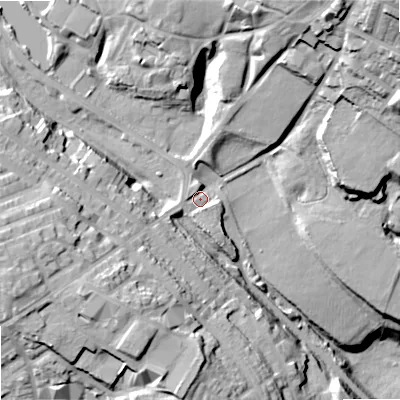 Shaded relief map of the ground around OL82JS, computed from Environment Agency LiDAR. The ground here sits at about 166 m above sea level and falls 49 m across the surrounding 800 m. Surface water reaching this point runs off ground lying to the south-west, 18.8 m higher.