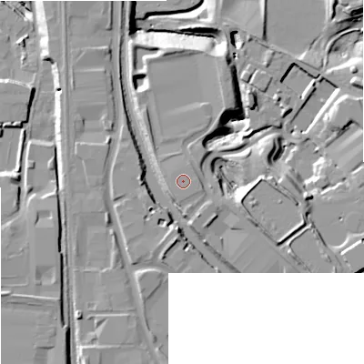 Shaded relief map of the ground around OL99XP, computed from Environment Agency LiDAR. The ground here sits at about 105 m above sea level and falls 21 m across the surrounding 800 m. The ground contributing surface water to this point lies to the south-south-east.