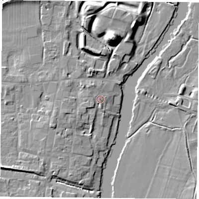 Shaded relief map of the ground around OX100BH, computed from Environment Agency LiDAR. The ground here sits at about 48 m above sea level and falls 20 m across the surrounding 800 m. Surface water reaching this point runs off ground lying to the north-west, 1.8 m higher.