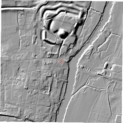 Shaded relief map of the ground around OX100BJ, computed from Environment Agency LiDAR. The ground here sits at about 46 m above sea level and falls 20 m across the surrounding 800 m. Surface water reaching this point runs off ground lying to the north, 17.4 m higher.