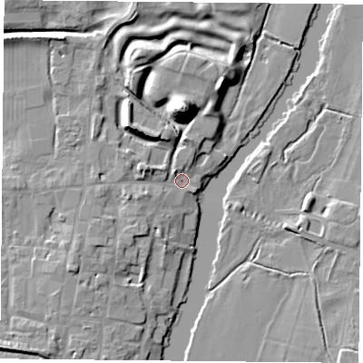Shaded relief map of the ground around OX100BL, computed from Environment Agency LiDAR. The ground here sits at about 46 m above sea level and falls 20 m across the surrounding 800 m. Surface water reaching this point runs off ground lying to the north, 17.4 m higher.