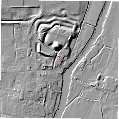 Shaded relief map of the ground around OX100BN, computed from Environment Agency LiDAR. The ground here sits at about 48 m above sea level and falls 20 m across the surrounding 800 m. Surface water reaching this point runs off ground lying to the north, 17.4 m higher.