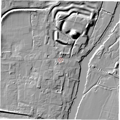 Shaded relief map of the ground around OX100BP, computed from Environment Agency LiDAR. The ground here sits at about 48 m above sea level and falls 20 m across the surrounding 800 m. Surface water reaching this point runs off ground lying to the south-west, 2.9 m higher.