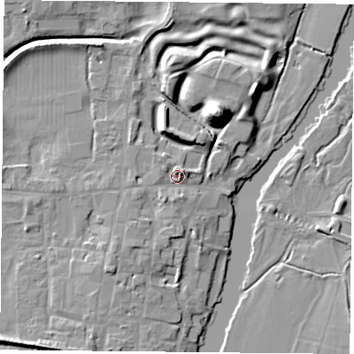 Shaded relief map of the ground around OX100BW, computed from Environment Agency LiDAR. The ground here sits at about 49 m above sea level and falls 20 m across the surrounding 800 m. Surface water reaching this point runs off ground lying to the south-south-west, 2.8 m higher.