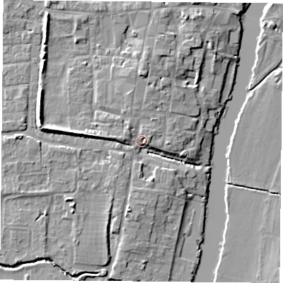 Shaded relief map of the ground around OX100ET, computed from Environment Agency LiDAR. The ground here sits at about 47 m above sea level and falls 9 m across the surrounding 800 m. Surface water reaching this point runs off ground lying to the north, 5.7 m higher.