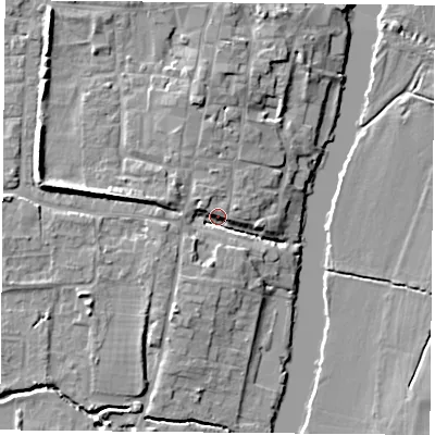Shaded relief map of the ground around OX100EZ, computed from Environment Agency LiDAR. The ground here sits at about 47 m above sea level and falls 9 m across the surrounding 800 m. Surface water reaching this point runs off ground lying to the north, 6.9 m higher.